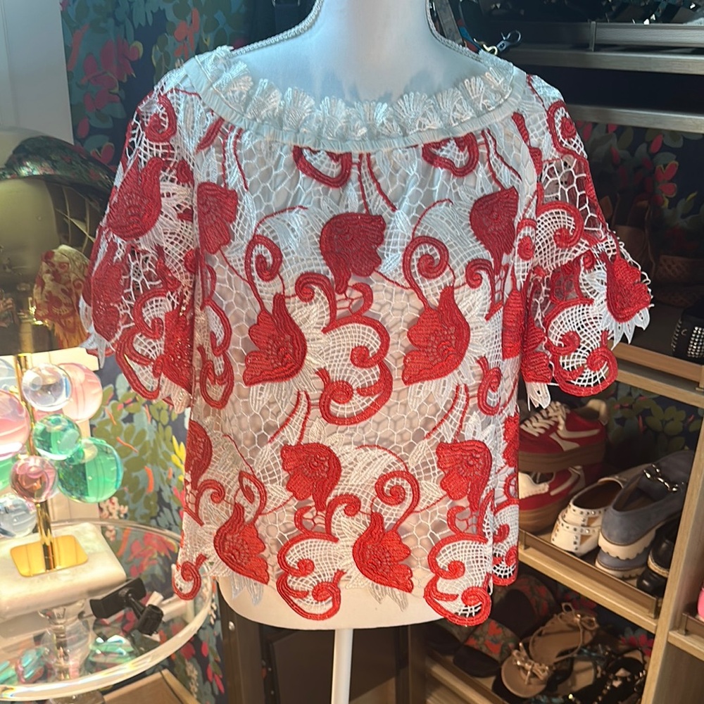Elegant Red Lace Floral Top